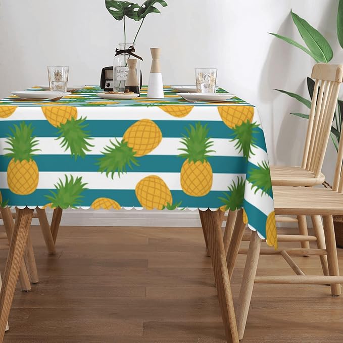Pineapple Tablecloth Pineapple Blue and White Stripes Rectangle Tablecloth Fruits Decorative Table Cover 54×72 Inch Washable Table Cloth for Kitchen Dining Room Party