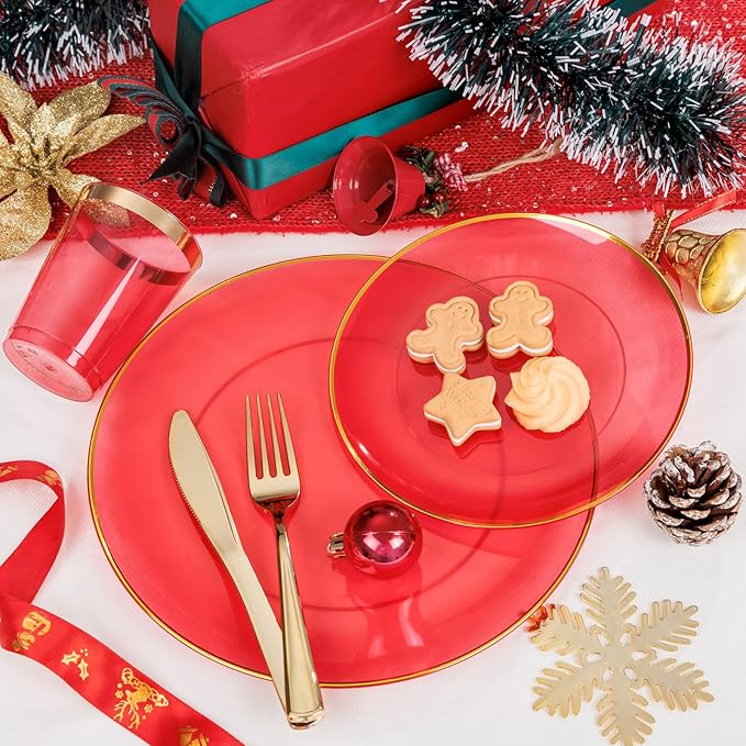 LIYH 180 Pcs Clear Red Plastic Plates Disposable - Red Dinnerware Set, Include Red and Gold Plates, Dinner Plate, Dessert Plate, Gold Plastic Silverware for Birthday Party