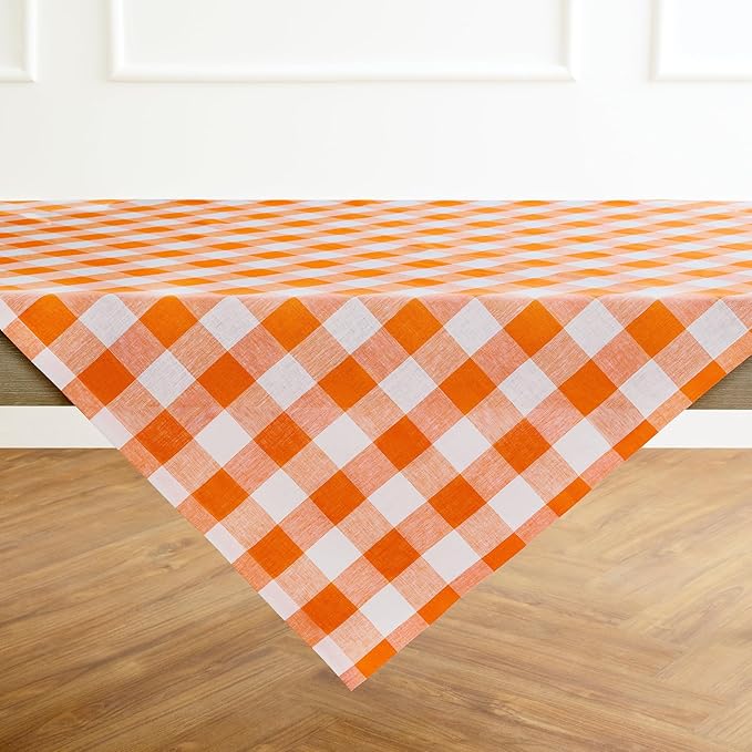 Solino Home Linen Checkered Tablecloth 52 x 52 Inch - 100% Pure Linen Pumpkin and White Buffalo Plaid Square Tablecloth - Machine Washable Table Throw for Fall, Autumn, Thanksgiving