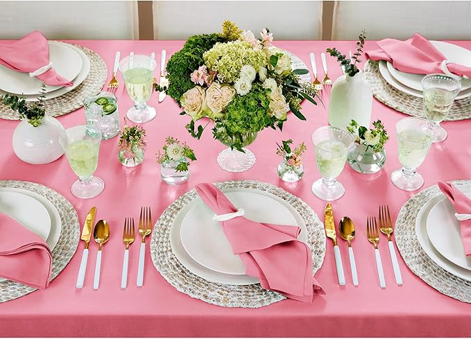 Solino Home Linen Tablecloth for Rectangle Tables 60 x 108 Inch - 100% Pure Linen Pink Carnation Table Cloth - Fete, Machine Washable Cloth Tablecloth