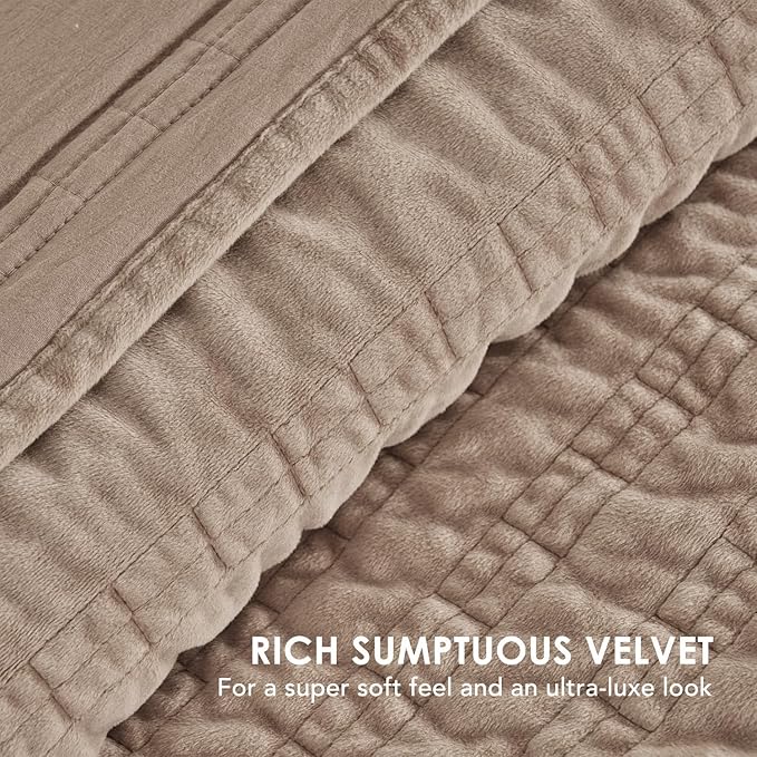 EverGrace Velvet Quilt Queen Size, Luxury Velvet Bedding Set, Ultra Soft Ruched Quilt Sets, Lightweight Comforter Vintage Textured Bedspread Coverlet with 2 Shams for All Season, Khaki Tan