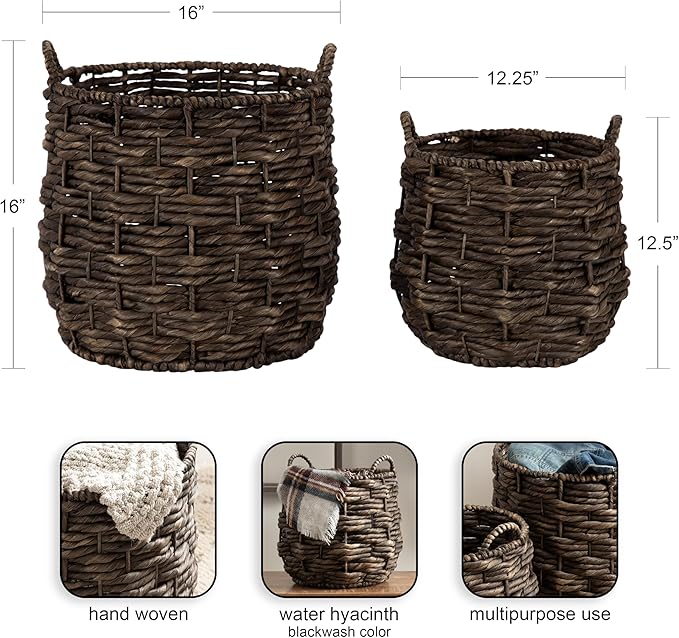 Kate and Laurel Livia Modern Two-Piece Woven Basket Set; 16 x 16 and 13 x 13; Warm Brown Water Hyacinth; Transitional Natural Wicker Baskets for Use as Woven Planters or Living Room Blanket Baskets