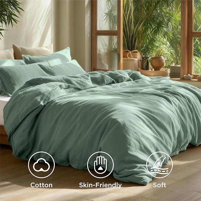 Bedsure 100% Washed Cotton Duvet Cover Queen Size - Iceberg Green Minimalist Cotton Duvet Cover Linen Like for All Seasons - GentleSoft™ Plain Simple Bedding (Iceberg Green, Queen, 90"x90")