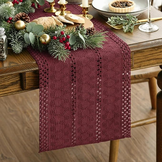Artoid Mode Red Farmhouse Woven Rustic Hollow Table Runner, Seasonal Holiday Hollow Kitchen Dining Table Decoration for Home Party Decor 12x72 Inch