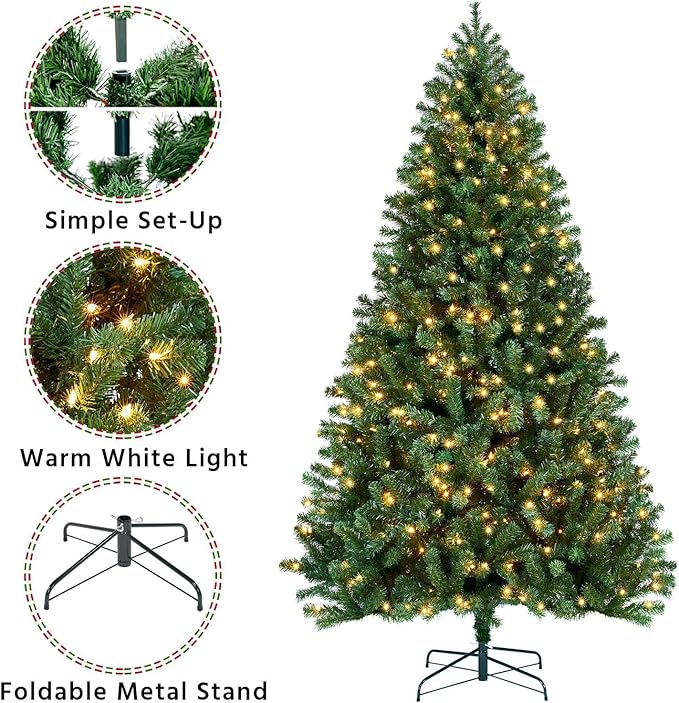 Yaheetech 7.5ft Pre-lit Spruce Artificial Hinged Christmas Pine Tree Prelighted Holiday Xmas Tree for Home Party Decoration with 550 Warm White Lights and 1354 Branch Tips, Green