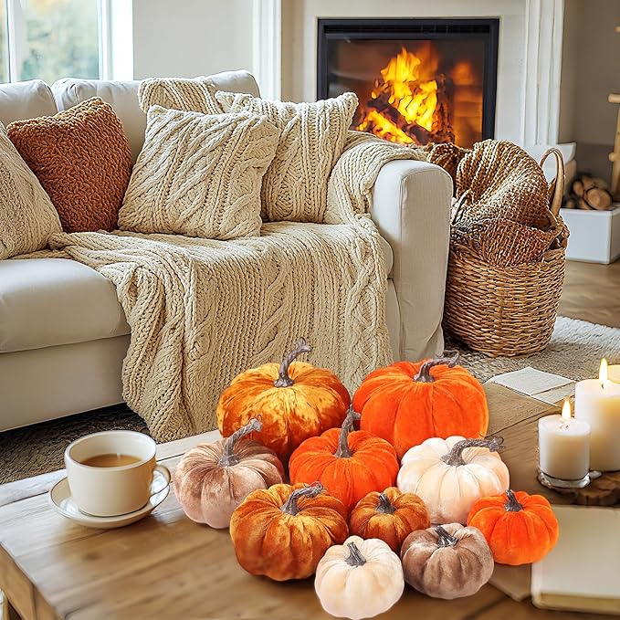 2pcs Velvet Fake Pumpkins Fall Harvest Fabric Foam Pumpkin Thanksgiving Halloween Decor for Table Centerpiece Wedding Farmhouse (2, Orange Gold, L)