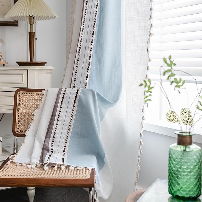 Sutuo Home Boho Curtains 96 inches for Bedroom Living Room, Semi Blackout Linen Farmhouse Tassels Window Treatment Bohemian Embroidery Drape, Rod Pocket 1 Panel 52" W x 96" L, Brown Blue Striped Linen