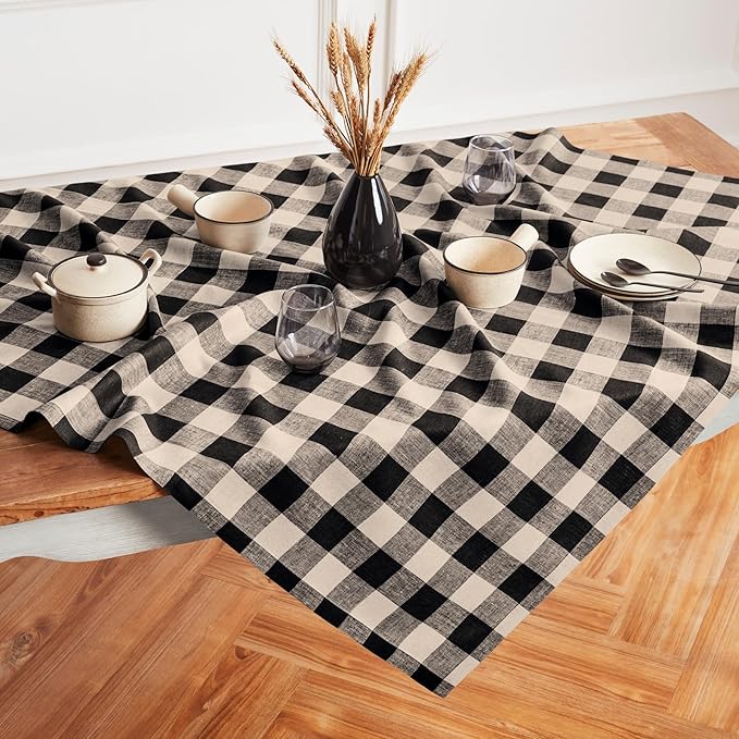 Solino Home Linen Checkered Tablecloth 52 x 52 Inch - 100% Pure Linen Natural and Black Buffalo Plaid Square Tablecloth - Machine Washable Table Throw for Fall, Autumn, Thanksgiving