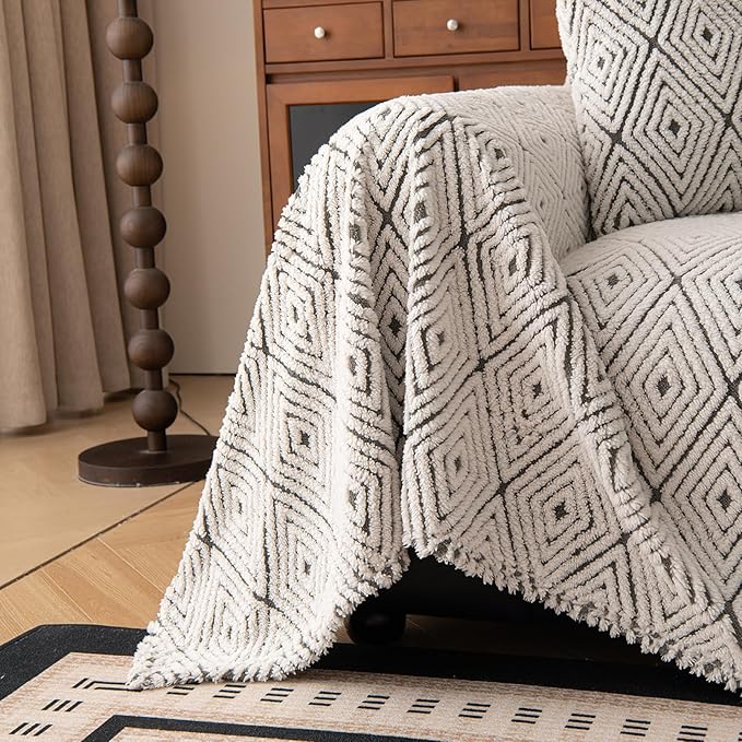 ROOMLIFE Striped Boho Gray Couch Cover for 2-3 Cushion Sofa, Fuzzy Plush Warm Sofa Slipcovers Sectional Sofas Covers, Non Slip Washable Furniture Protector Soft with Tassel,Winter 71''X134”