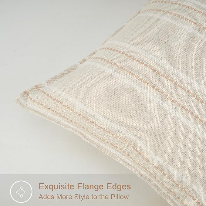20X20 Decorative Farmhouse Linen Throw Pillow Covers, Boho Textured Pillow Case Set of 2 ,Beige with White & Brown Stitch Yarn Dyed Stripe Cushion Cover ,Modern Accent Square Pillowcase for Sofa Couch