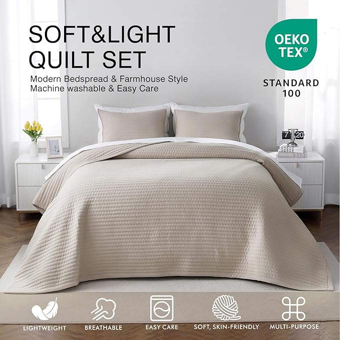 Queen Quilt Set – 90"x90" Soft Washed 3-Layer Lightweight Bedspread with Multi-Lock Quilting, Minimalist Nordic Bedding, All-Season Quilt Set for Spring & Summer (1 Quilt + 2 Pillow Shams), Oatmeal
