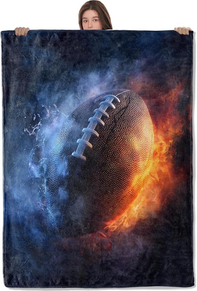 Football Flannel Throw Blanket, 40"x50", Fire and Ice Ball, Soft Warm Lightweight Blankets, Machine Washable, Sport Fans and Men Gifts, Outdoor Indoor Travel Hiking Nap Throw, Home Decorate