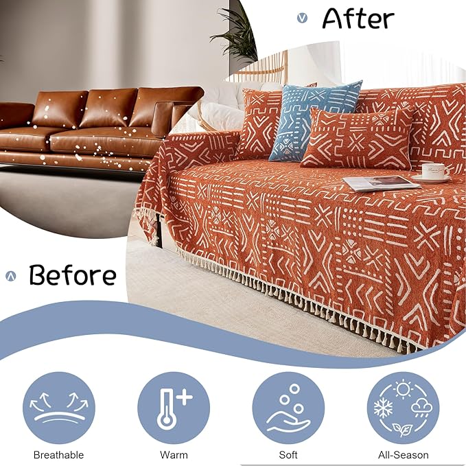 VClife Couch Cover for Sectional Sofa, Japanese Sofa Cover with Tassel, Soft Chenille Boho Couch Covers for 3 Cushion Couch Sofa Washable White Caramel Sofa Slipcover for Living Room 71"x 134"