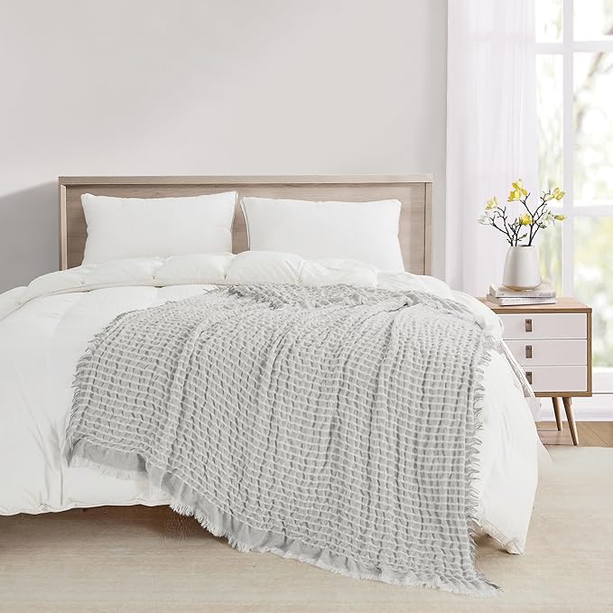 CREVENT 50"X60" Farmhouse Breathable Soft Waffle Throw Blanket for Couch Chair Bed, Outdoor Blanket for Travelling Wrap (Grey)