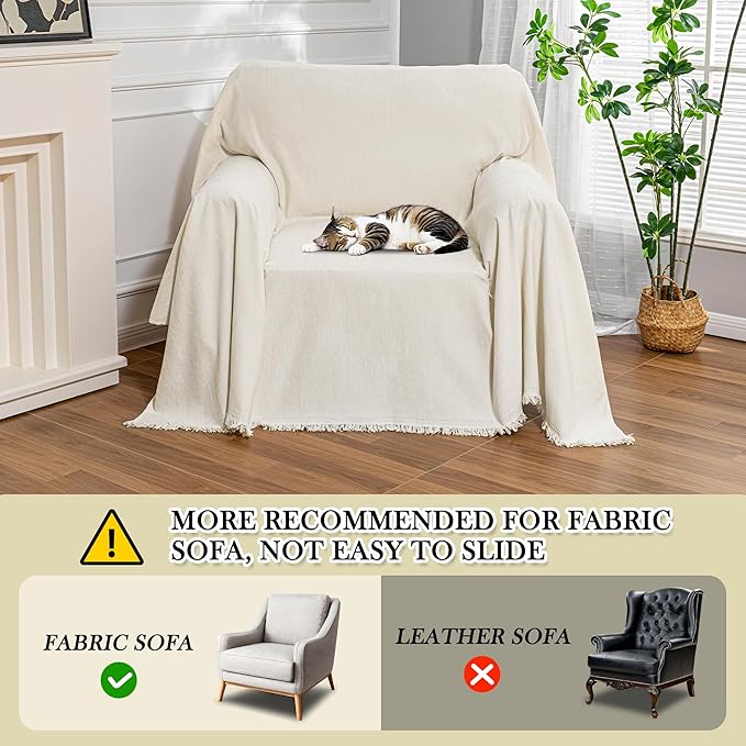 MEETSKY Small Couch Cover Oversized Chair Cover Washable Armchair Sofa Cover for Dog, Couch Protector for Sofa Single Cover, Sofa Throw Cover with Tassel, 71" x 91", Beige