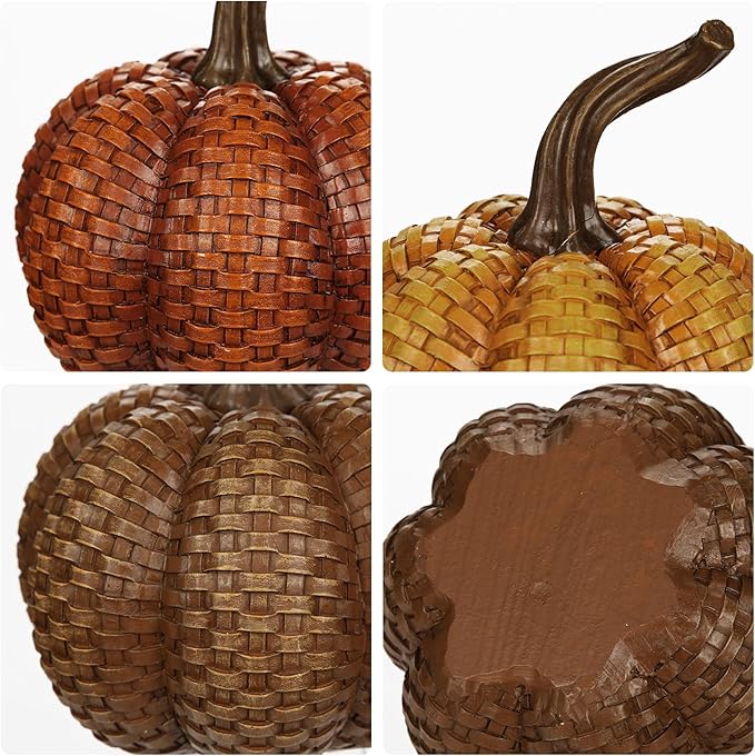 Hollyone Fall Pumpkins Decor, 3PCS Rattan Resin Pumpkins for Decorating Figurines Decorative Pumpkin for Home Autumn Harvest Thanksgiving Halloween Party Wedding Table Centerpiece Indoor Decor