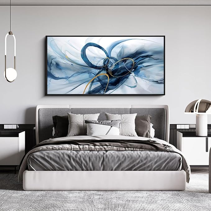 XLSJERST Frame Wall Art - Blue and White Picture for Living Room Modern Abstract Canvas Wall Decor Artwork for Office Bedroom Home Decoration