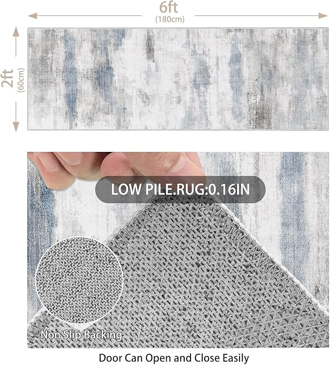 Enkor Runner Rug for Hallways, 2x6 Washable Soft Non Slip Abstract Rugs for Kitchen, Modern Mat for Entryway Living Room Bedroom Blue & Grey