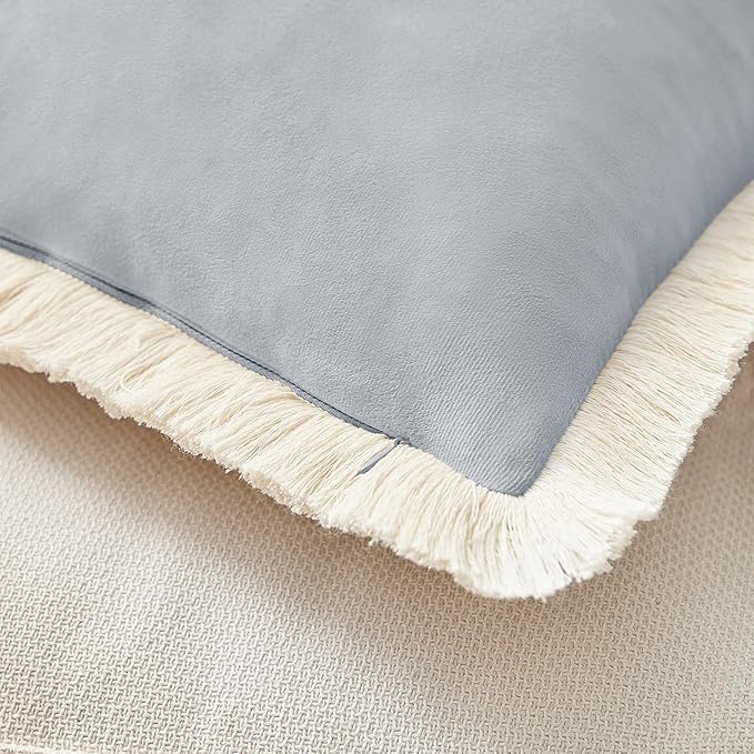 MONDAY MOOSE Decorative Throw Pillow Covers Cushion Cases, Set of 2 Soft Velvet Modern Fringe Tassel Designs, Mix and Match for Home Decor, Pillow Inserts Not Included (Powder Blue, 16x16 inch)