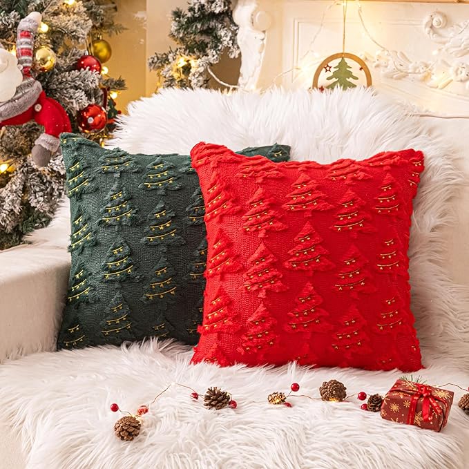 AQOTHES Christmas Tree Decorative Green Red Throw Pillow Covers 18x18 Set of 2, Faux Fur Farmhouse Throw Pillows Cushion Cases for Xmas Winter Holiday Home Decor