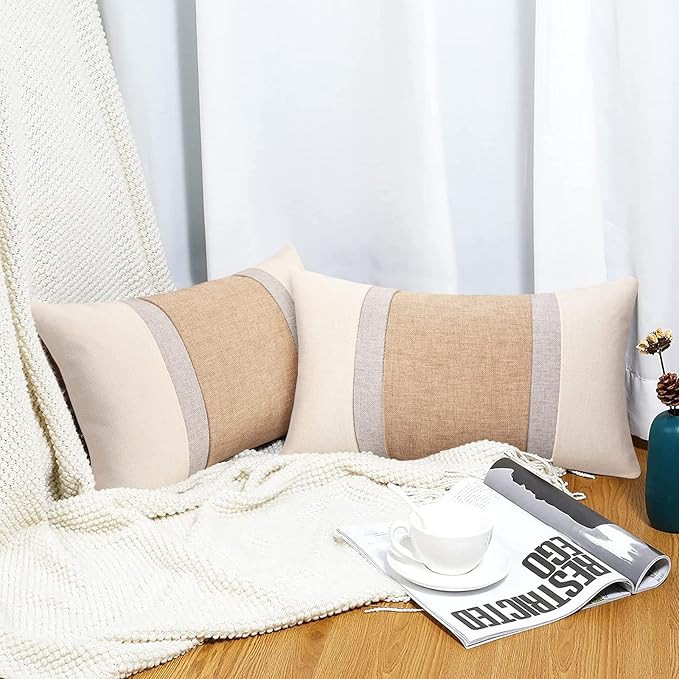 Pyonic Pillow Covers 12x20 Farmhouse Decor Patchwork Linen Throw Lumbar Pillow Covers White and Grey Boho Accent Cushion Covers for Couch Sofa,Set of 2