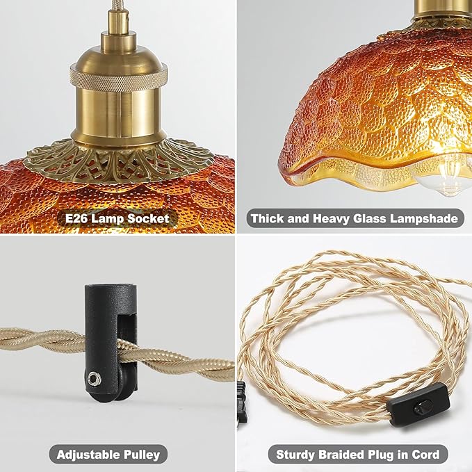 Plug in Pendant Light Fixtures: Hanging Lamp Plug in Amber Scindapsus Pendant Lamp, Hanging Light for Kitchen Island, Bedroom, Dining Room, Living Room, E26 No Bulb