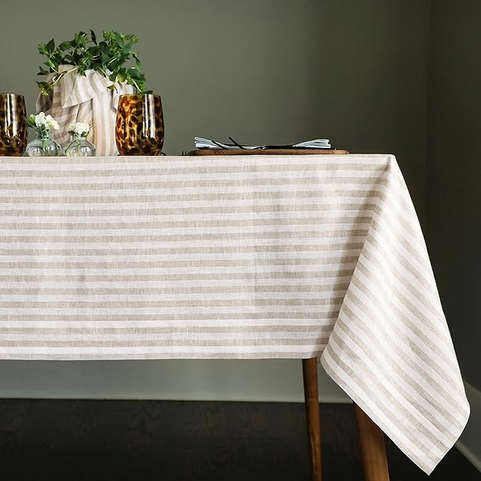 Solino Home Linen Tablecloth 60 x 90 Inch - Amalfi Stripe 100% Pure Linen Natural and White Table Cloth for Rectangle Tables - Machine Washable Tablecloth for Fall, Thanksgiving, Christmas, Holiday