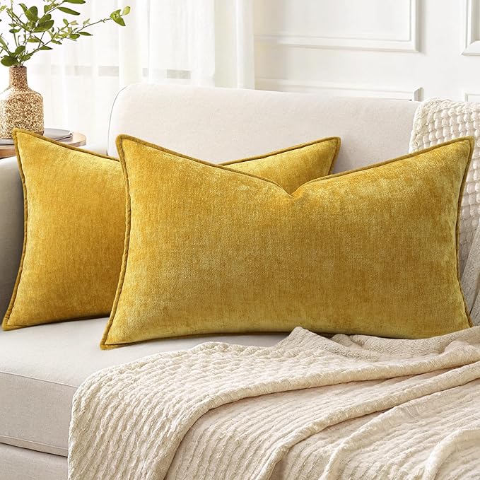 decorUhome Christmas Couch Throw Pillow Covers 12x20 Set of 2, Decorative Soft Euro Velvet Neutral Chenille Lumbar Pillow Covers with Elegant Design for Sofa Bed Living Room Home Decor, Mineral Yellow