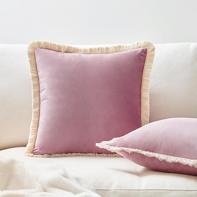 MONDAY MOOSE Decorative Throw Pillow Covers Cushion Cases, Set of 2 Soft Velvet Modern Fringe Tassel Designs, Mix and Match for Home Decor, Pillow Inserts Not Included (Dusty Pink, 18x18 inch)