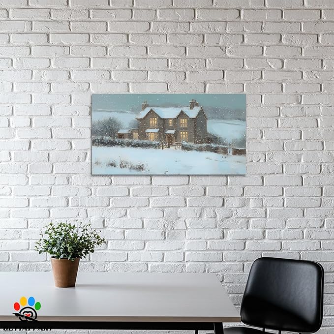 GUTTATY Christmas Winter Canvas Wall Art, Cozy House Snow Scene Canvas Painting, Christmas Winter Landscape Poster for Living Room, Office Decor, Gift for Family, 48x24 Inch