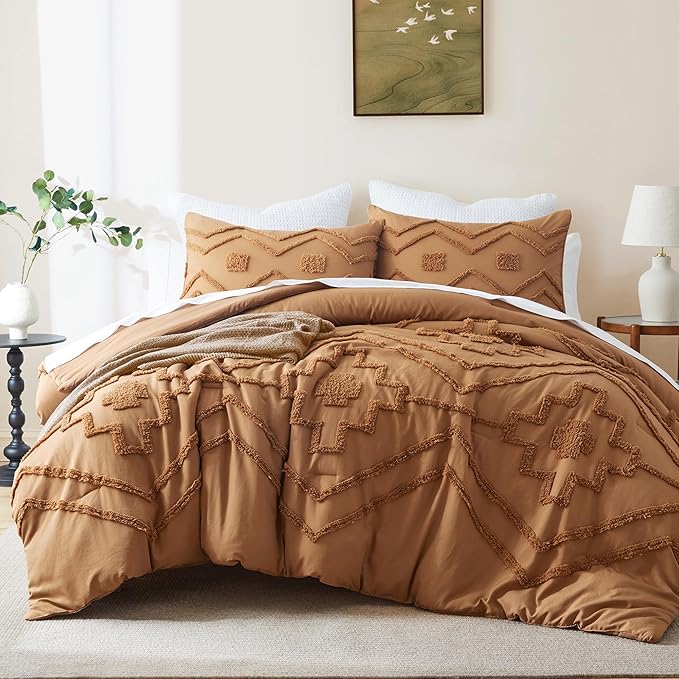 Oli Anderson Boho Tufted Comforter Set Queen Size, 3 Pcs Soft Jacquard Bedding Set for All Seasons, Shabby Chic Farmhouse Bedding Set with Comforters for All Seasons (Pumpkin, Queen)