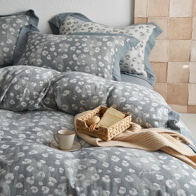 mixinni Leopard Duvet Cover Queen Size, Premium Yarn-Dyed Jacquard Cotton Duvet Cover with Grey Leopard Print, Farmhouse Bedding Set with Edge Design, Perfect for Him and Her-(Queen Size, Grey)