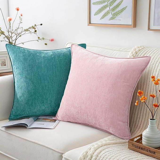 decorUhome Christmas Couch Throw Pillow Covers 24x24 Set of 2, Decorative Soft Euro Velvet Neutral Chenille Pillow Covers with Elegant Design for Sofa Bed Living Room Home Decor, Teal