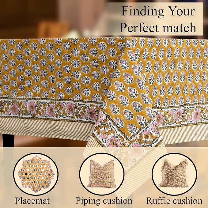 CPC Tablecloth 100% Cotton 70x118 Inch Indian Block Print Rectangle Table Cover, Table Cloth for Weddings, Spring/Summer, Barbeque - Yellow Citrine
