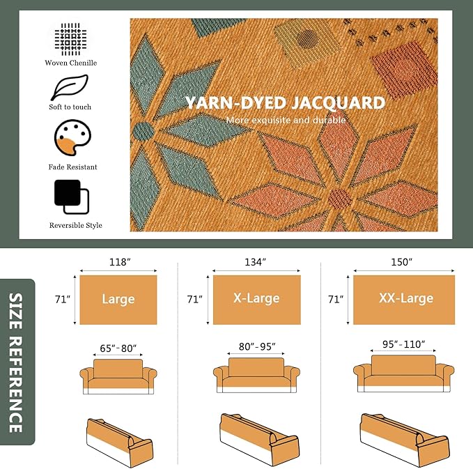 DREAMINGO Orange Boho Sofa Cover Chenille Couch Cover Blanket Vintage Bohemian Sofa Covers for 2 Cushion Couch Geometric Jacquard Sectional Couch Covers for Dogs Washable Loveseat Slipcover 71"x118"