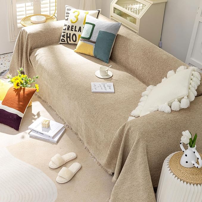 VClife Beige Couch Cover for Sofa 1 Piece Modern Minimalism Couch Cover for 2 Cushion Couch Sofa Slipcover Washable Soft Chenille Sofa Covers Furniture Protector for Bedroom Living Room 71''x118''