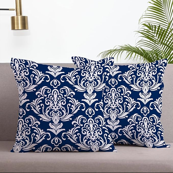 LOVOUS Navy Blue and White Damask Throw Pillow Covers 18x18 Inch Set of 2, Vintage Linen Decorative Pillow Covers for Bed Couch Sofa Bedroom Living Room Home Decor, B12