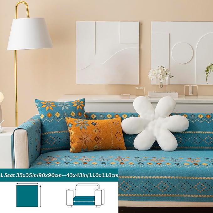 Boho Chenille Couch Covers,Geometric Couch Covers for Sofa,Chenille Couch Cover Non Slip,Sectional l Shaped Sofa Furniture Protector Cover for Home Decor,Lake Blue_1 Seat 35x35in/90x90cm