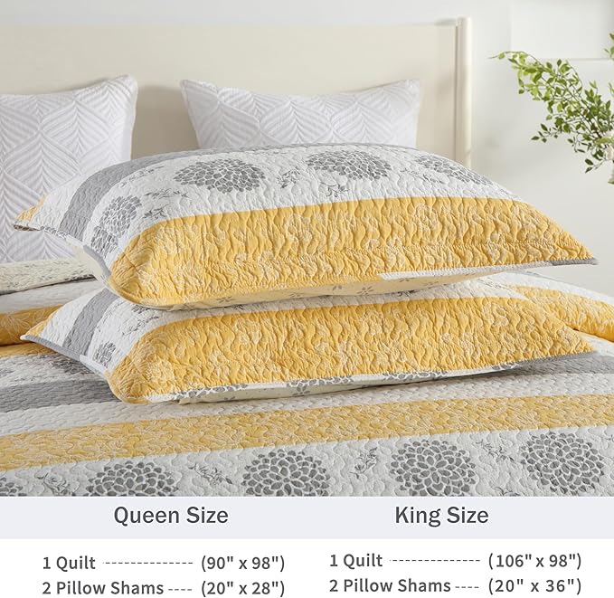 Homzard Quilt Queen Size-Comforter Queen Bedding Set,Yellow Gray White All Cotton Quilted Bedspread, Striped Floral Pattern Quilt Set,Lightweight Paisley 3 Piece,All Seasons