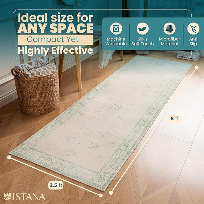 Istana Hallway Runner Rug 2.5x8 - Green Kitchen Rugs Non Slip Washable -Silk's Soft Touch Carpet Runner - Stylish Rugs for Home