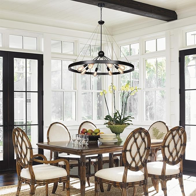 38.2'' Large Black Wagon Wheel Chandelier for Dining Room, 8-Light Country Round Metal Pendant Light Fixtures for Living Room Entryway Foyer Stairs Kitchen Island