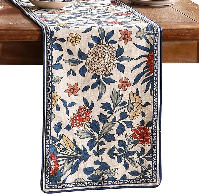 patdrea Designer Blue Cottage Rustic Floral Patterned Extra Long,Wrinkle Resistant Linen Table Runner 118 Inch Long,Decoration for Kitchen Dining and Coffee Tables Banquet Christmas , 12"x118"