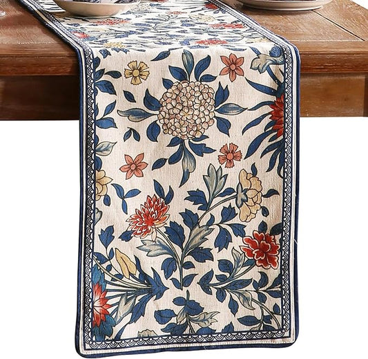patdrea Designer Blue Cottage Rustic Floral Patterned Extra Long,Wrinkle Resistant Linen Table Runner 118 Inch Long,Decoration for Kitchen Dining and Coffee Tables Banquet Christmas , 12"x118"
