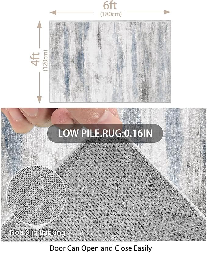 Enkor Area Rug 4x6 Washable Non Slip Abstract Soft Rug for Living Room Bedroom, Modern Mat for Kitchen Entryway Blue & Grey