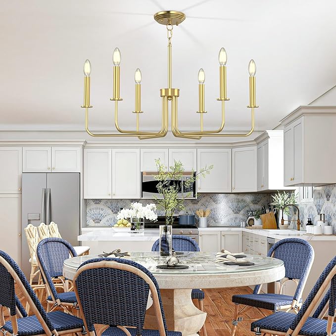 Farmhouse Chandelier, 6-Light Metal Hanging Ceiling Light Fixture for Dining Room, Kitchen Island, Living Room, Entryway, Foyer-Gold