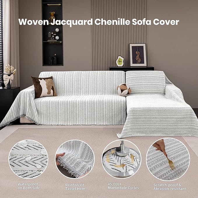 Nobildonna Sofa Cover Washable Soft Thicken Chenille Couch Cover with Tassel,Waterproof Sofa Slipcover for 3-4 Cushion Couch,Sectional Sofa,L-Shaped Furniture Protector Pet-Friendly,Beige 71"x150"