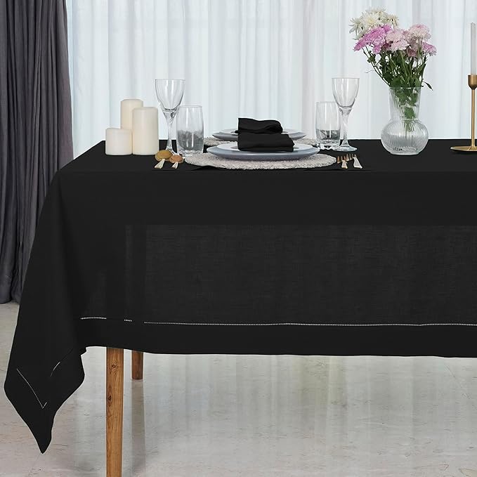 D'Moksha Homes Black Linen Tablecloth for Rectangle Tables 60 x 102 Inch - Classic Hemstitch 100% Pure Linen Black Table Cloth - Machine Washable Dining Tablecloth for Thanksgiving, Holiday