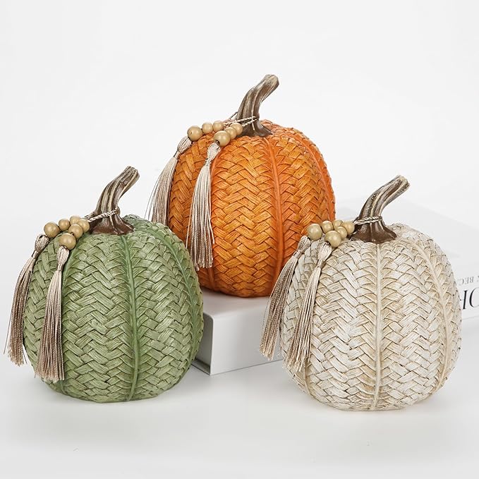 Hollyone Pumpkins Fall Decoration, 3 Pack Woven Resin Pumpkins Decorative Autumn Fake Pumpkin for Home Thanksgiving Harvest Halloween Wedding Table Centerpiece Shelf Indoor Outdoor Porch Decor