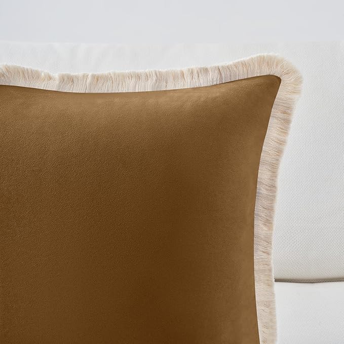 MONDAY MOOSE Decorative Throw Pillow Covers Cushion Cases, Set of 2 Soft Velvet Modern Fringe Tassel Designs, Mix and Match for Home Decor, Pillow Inserts Not Included (Caramel, 18x18 inch)
