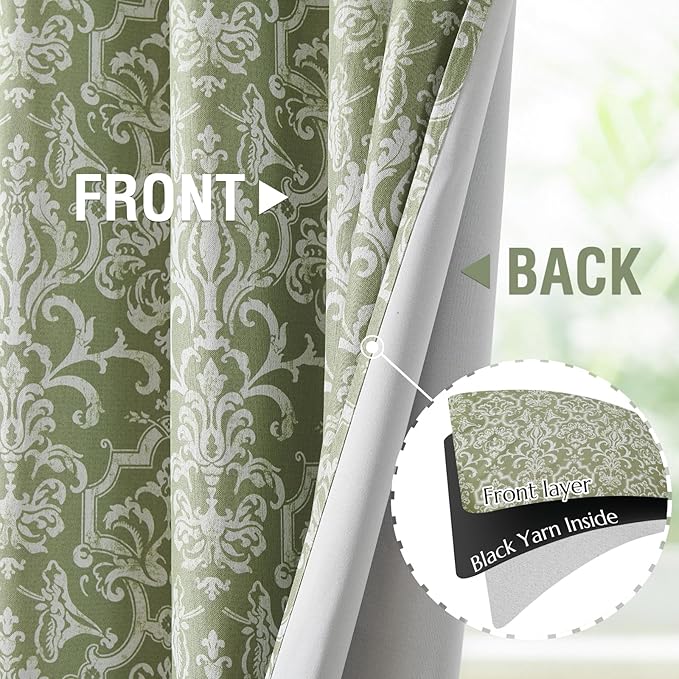 jinchan Room Darkening Curtains for Bedroom Sage Green Damask Patterned Curtains 84 Inch Length for Living Room Linen Textured Vintage Drapes Medallion Window Treatments Grommet Top 2 Panels Set